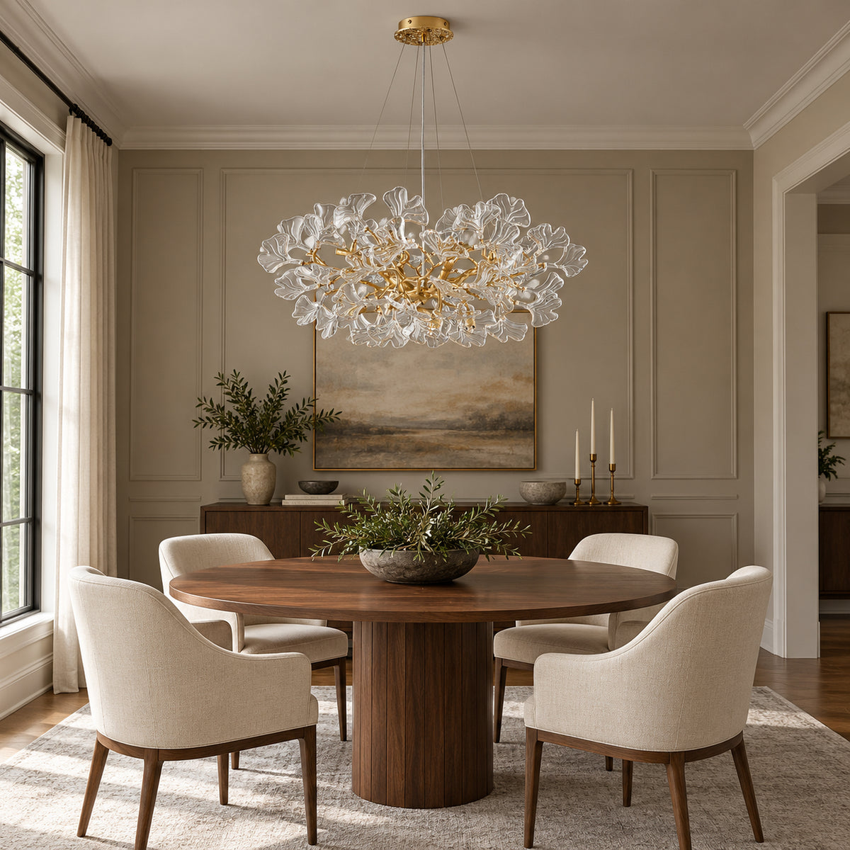 Foglia Ginkgo Leaf Chandelier, 10-Light Gold Branch, 32" Dia