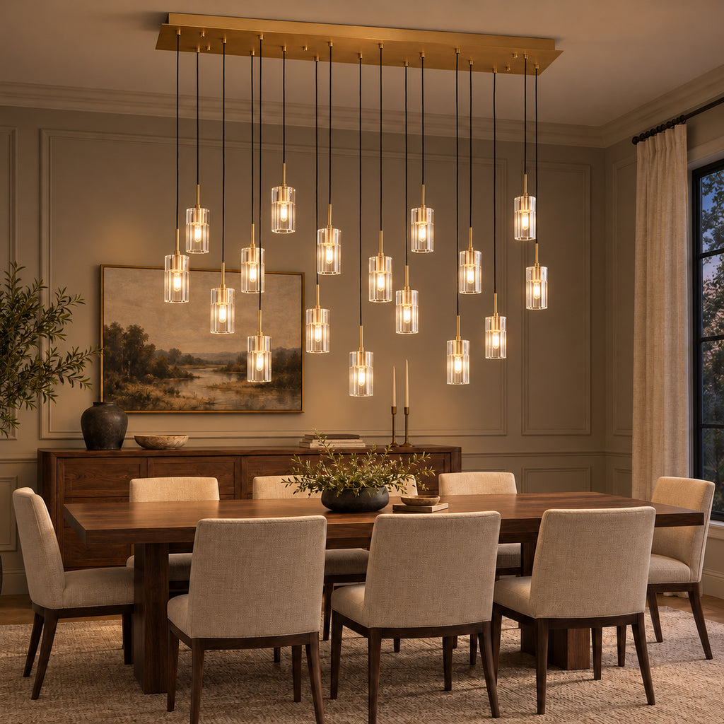 Pioggia Linear Cascade Chandelier, 17-Light Brass K9 Crystal, 55" Long