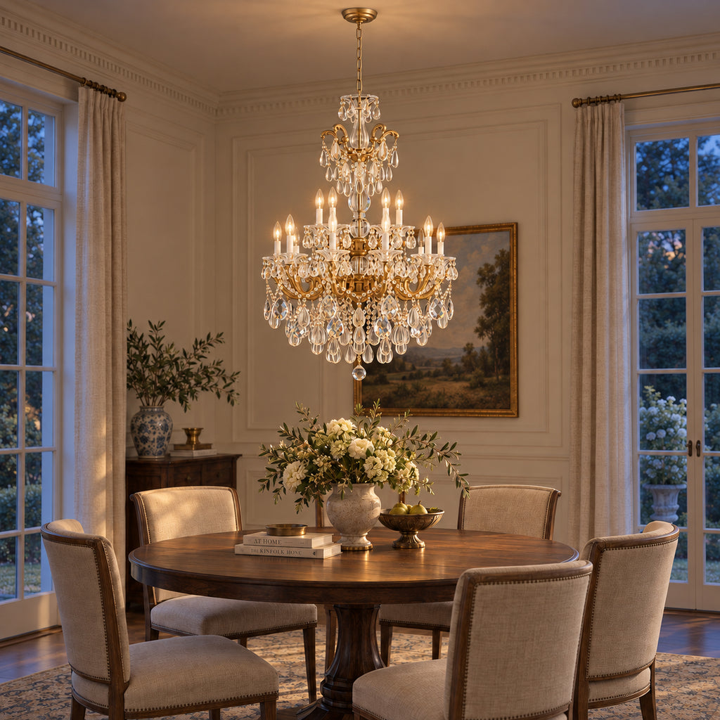 Aurelia Chandelier, 2-Tier 15-Light Brass K9 Crystal, 30" Dia