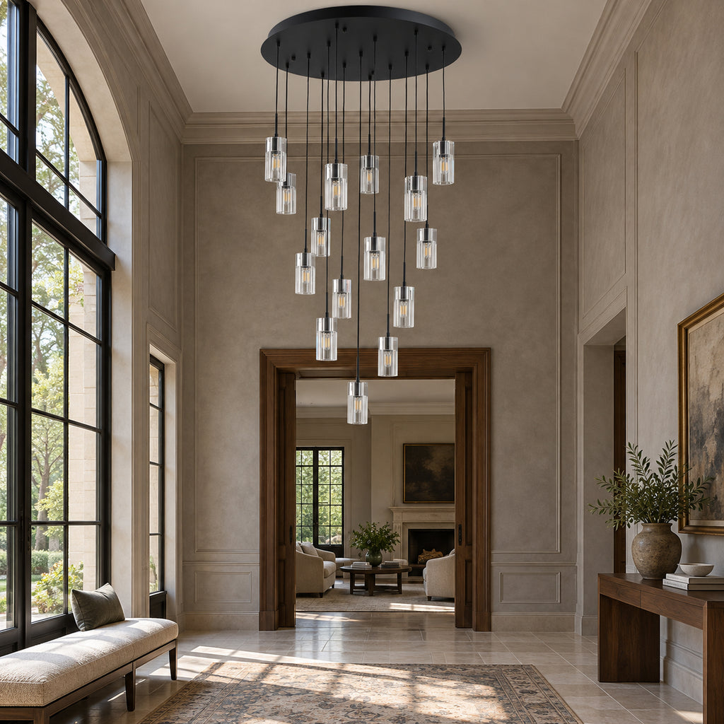 Pioggia Cascade Chandelier, 15-Light Black K9 Crystal, 32" Dia