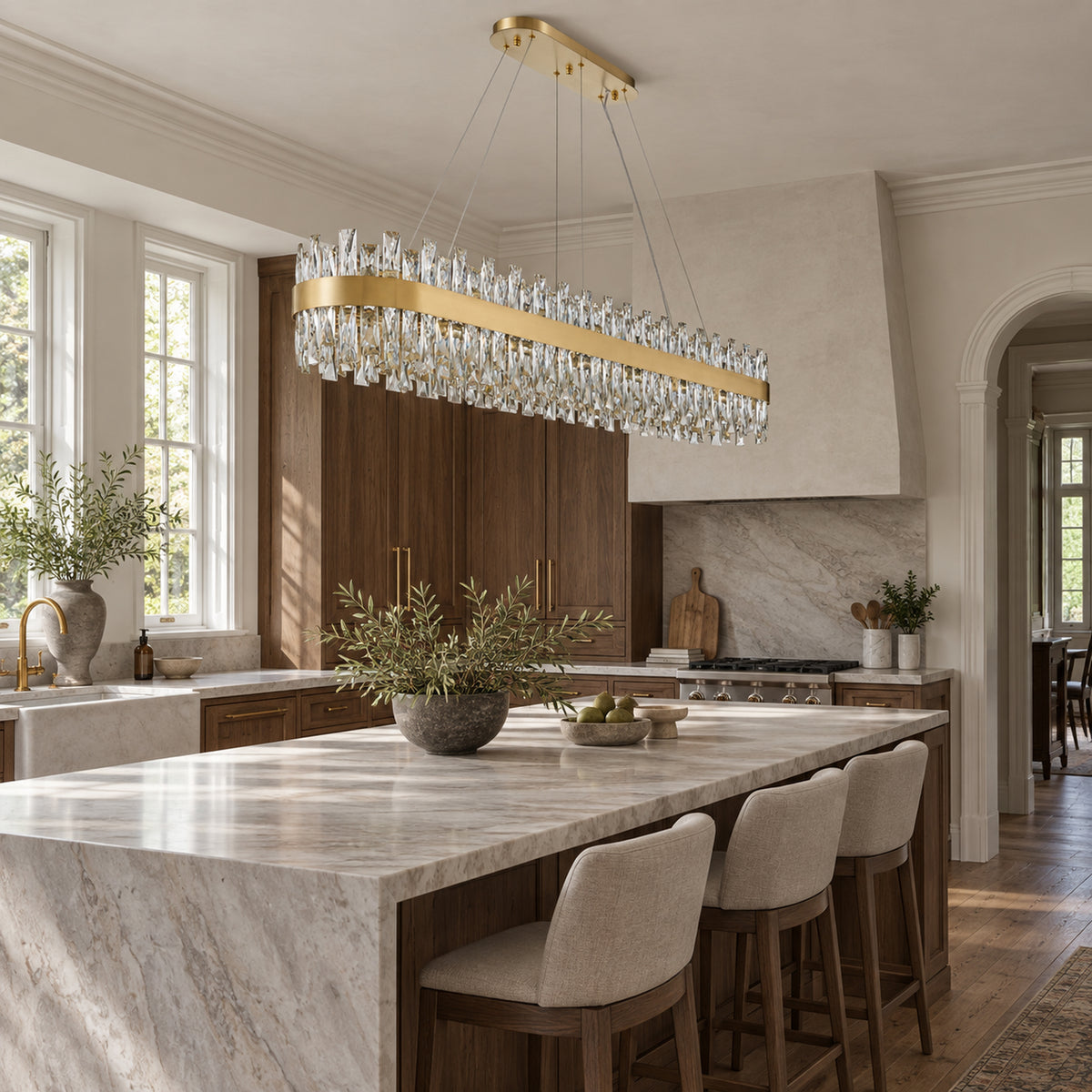 Corona Oval Chandelier, 32-Light Gold K9 Crystal, 57" Long