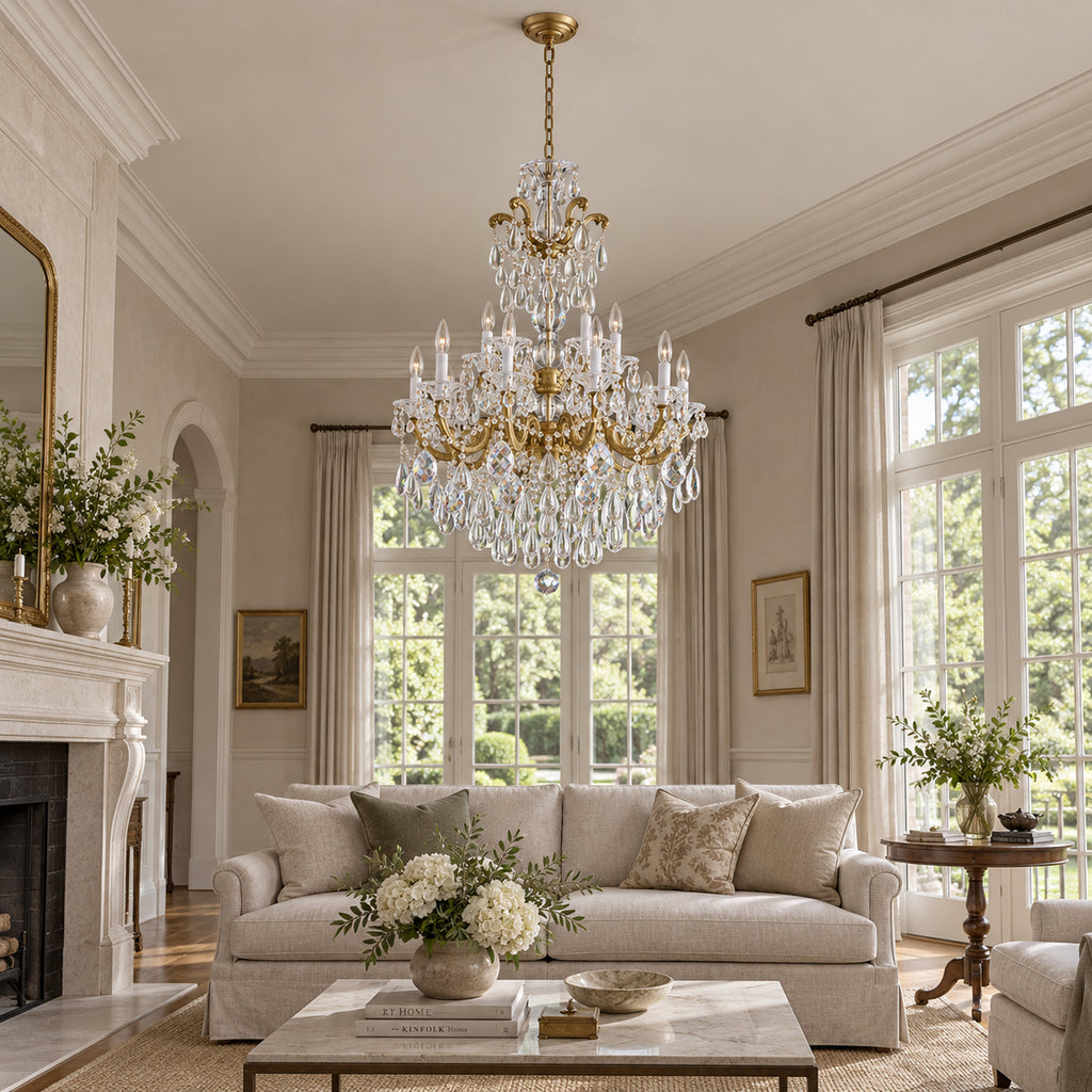 Aurelia Chandelier, 2-Tier 15-Light Brass K9 Crystal, 30" Dia