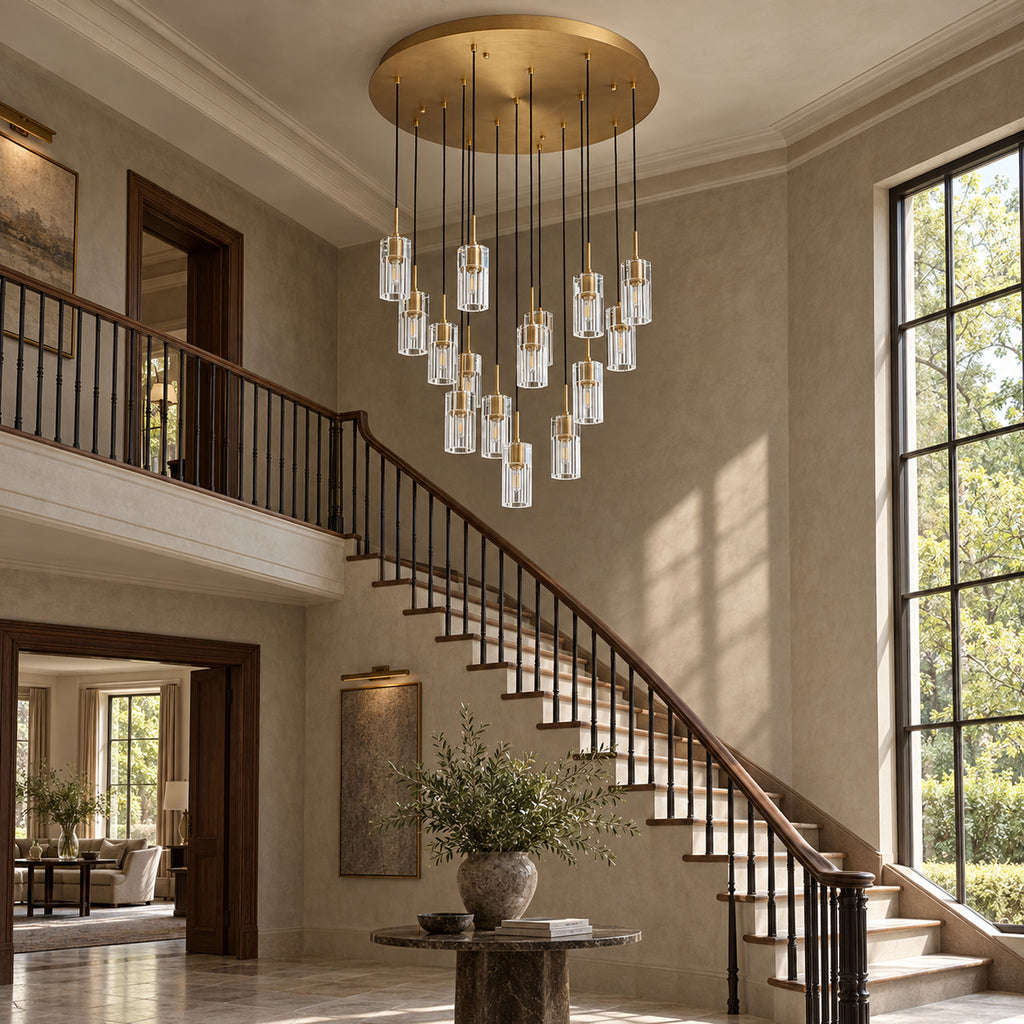Pioggia Cascade Chandelier, 15-Light Brass K9 Crystal, 32" Dia