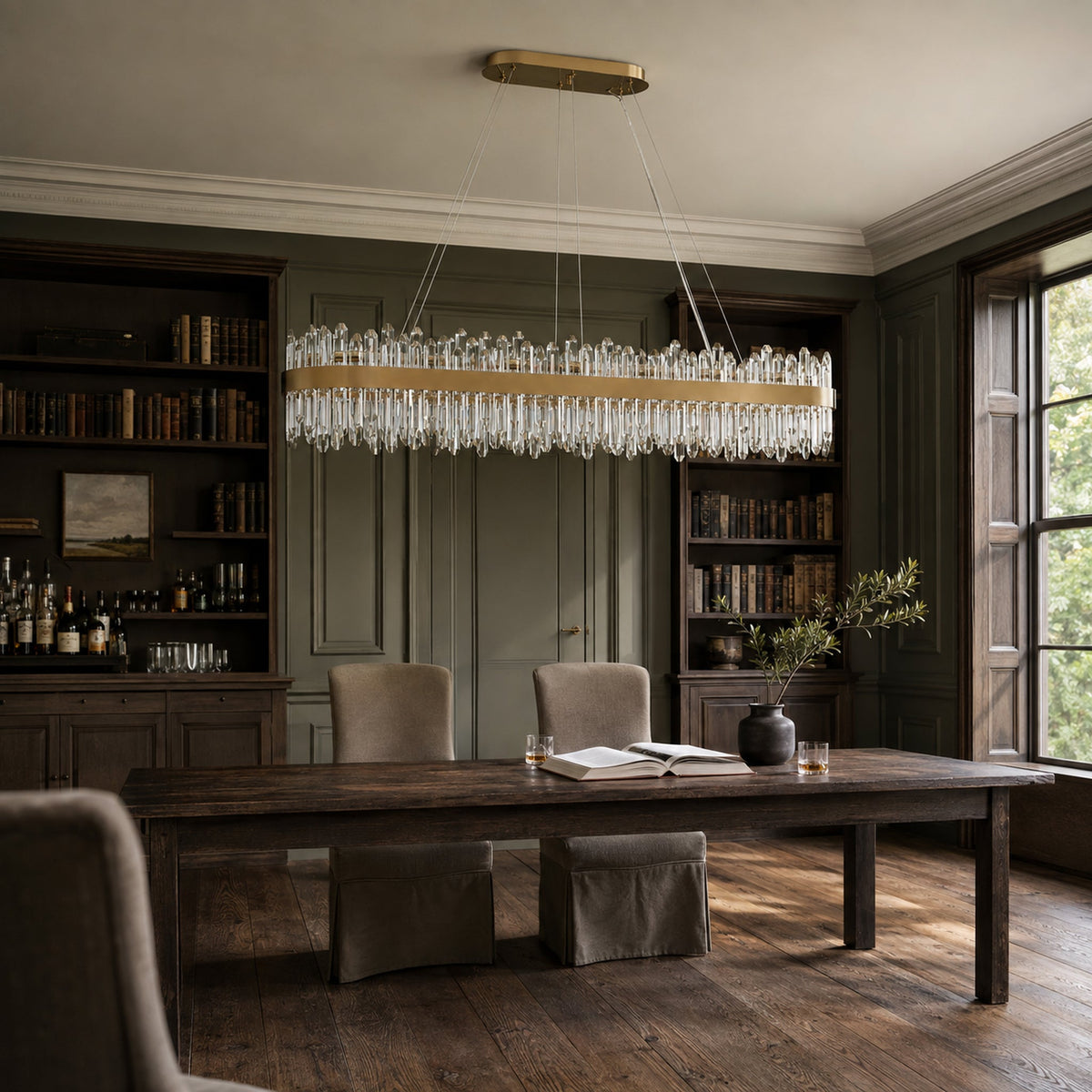 Modern Rectangular K9 Crystal Chandelier 57" — 32-Light, Gold