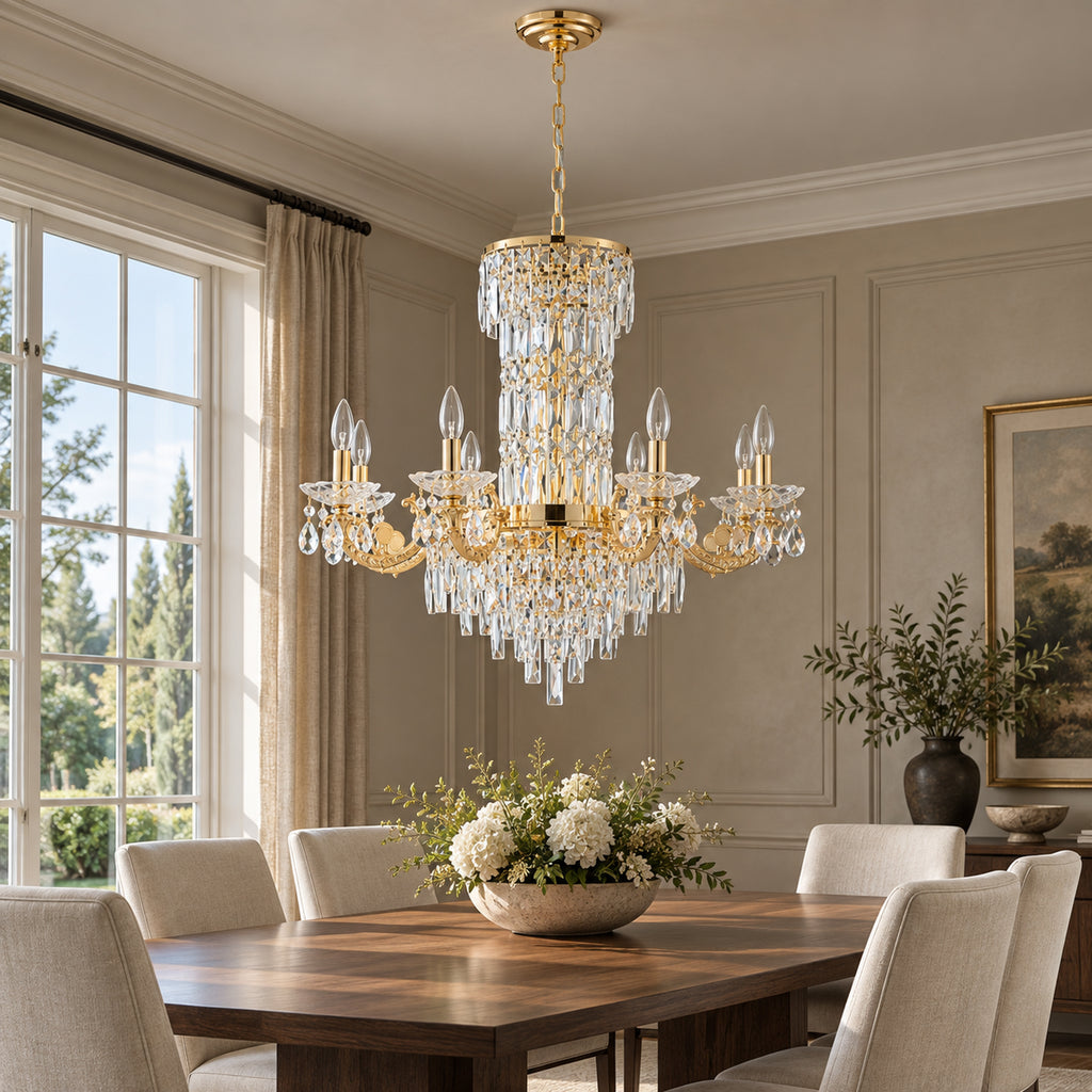 Fontana Chandelier, 8-Light Gold K9 Crystal, 32" Dia