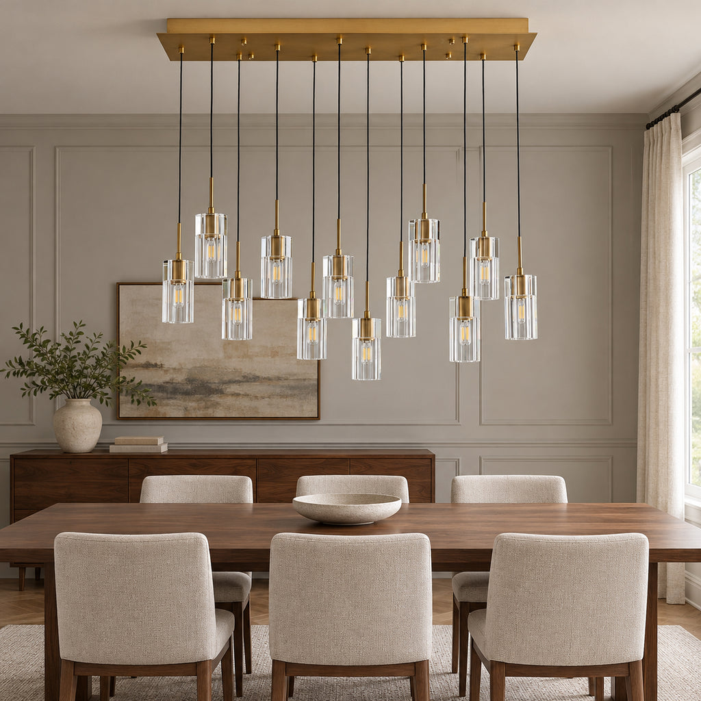 Pioggia Linear Cascade Chandelier, 12-Light Brass K9 Crystal, 39" Long