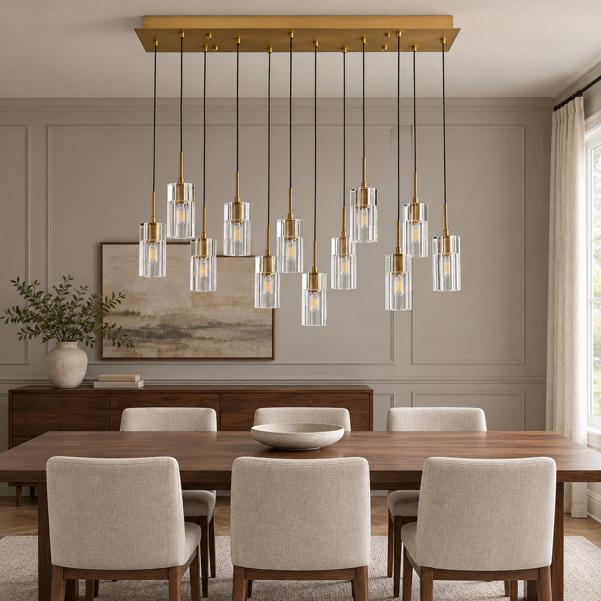 Pioggia Linear Cascade Chandelier, 12-Light Brass K9 Crystal, 39" Long