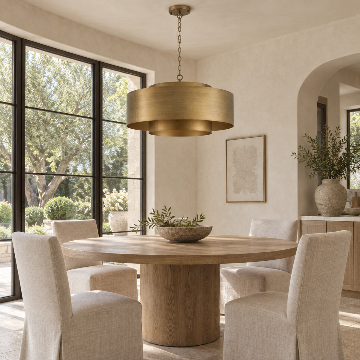 Lamina Round Drum Chandelier, 12-Light Brushed Brass, 30" Dia