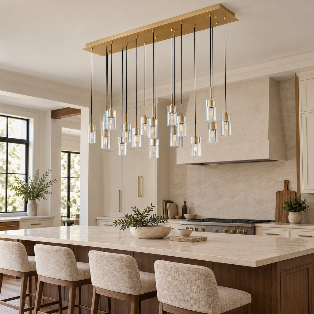 Pioggia Linear Cascade Chandelier, 17-Light Brass K9 Crystal, 55" Long