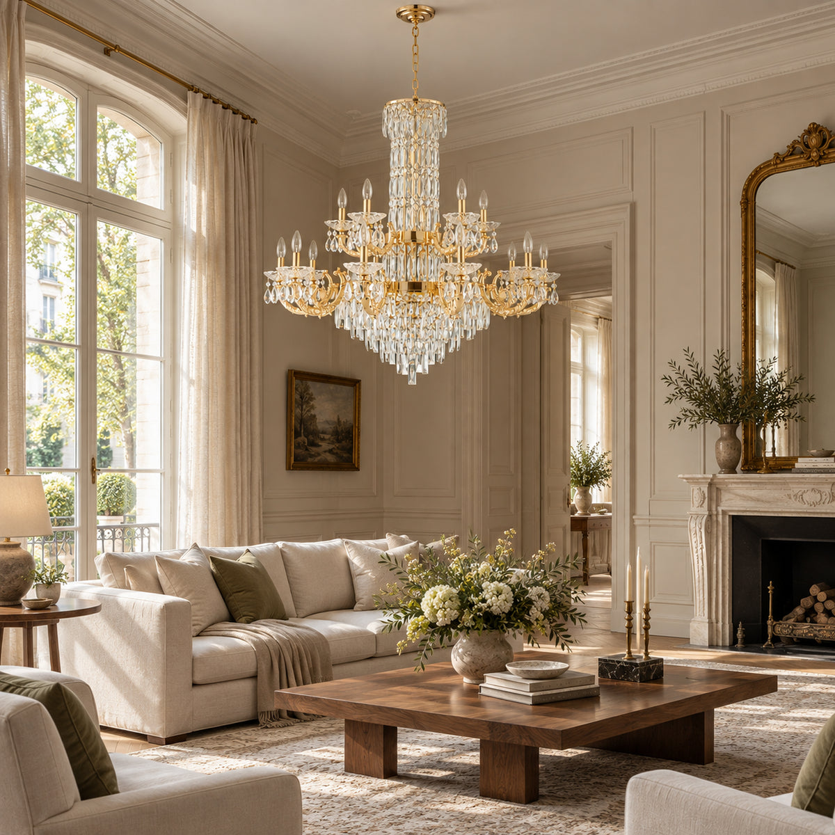 Fontana Chandelier, 2-Tier 15-Light Gold K9 Crystal, 40" Dia