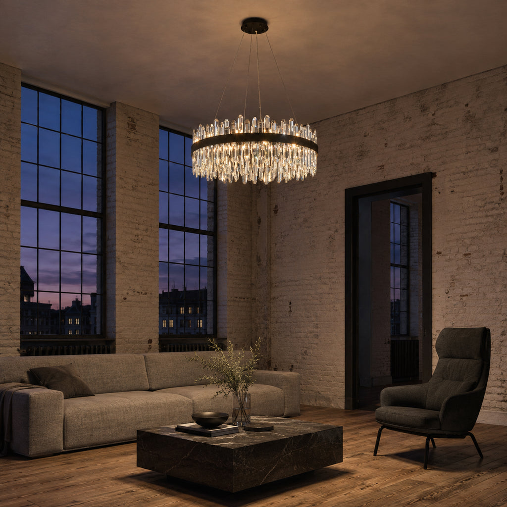 Modern Round K9 Crystal Chandelier 30" — 2-Tier, 24-Light, Black