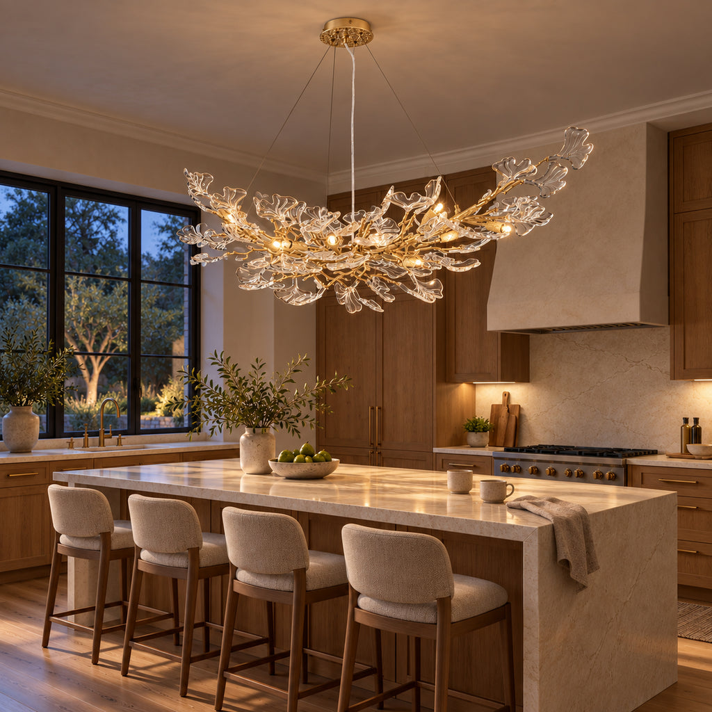 Foglia Linear Ginkgo Leaf Chandelier, 14-Light Gold Branch, 55" Long