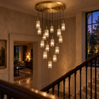 Pioggia Cascade Chandelier, 15-Light Brass K9 Crystal, 32" Dia