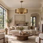 Lamina Round Drum Chandelier, 12-Light Brushed Brass, 30" Dia