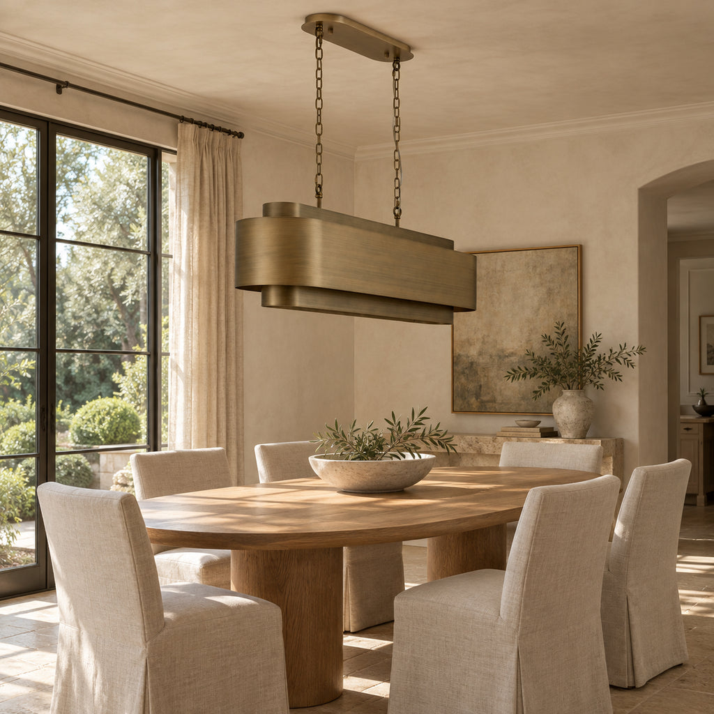 Lamina Oval Drum Chandelier, 12-Light Brushed Brass, 40" Long