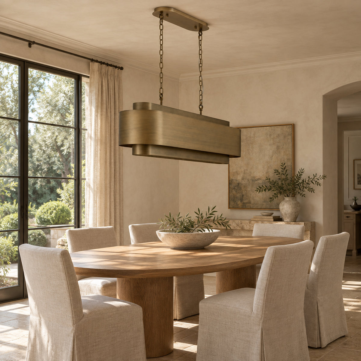 Lamina Oval Drum Chandelier, 12-Light Brushed Brass, 40" Long