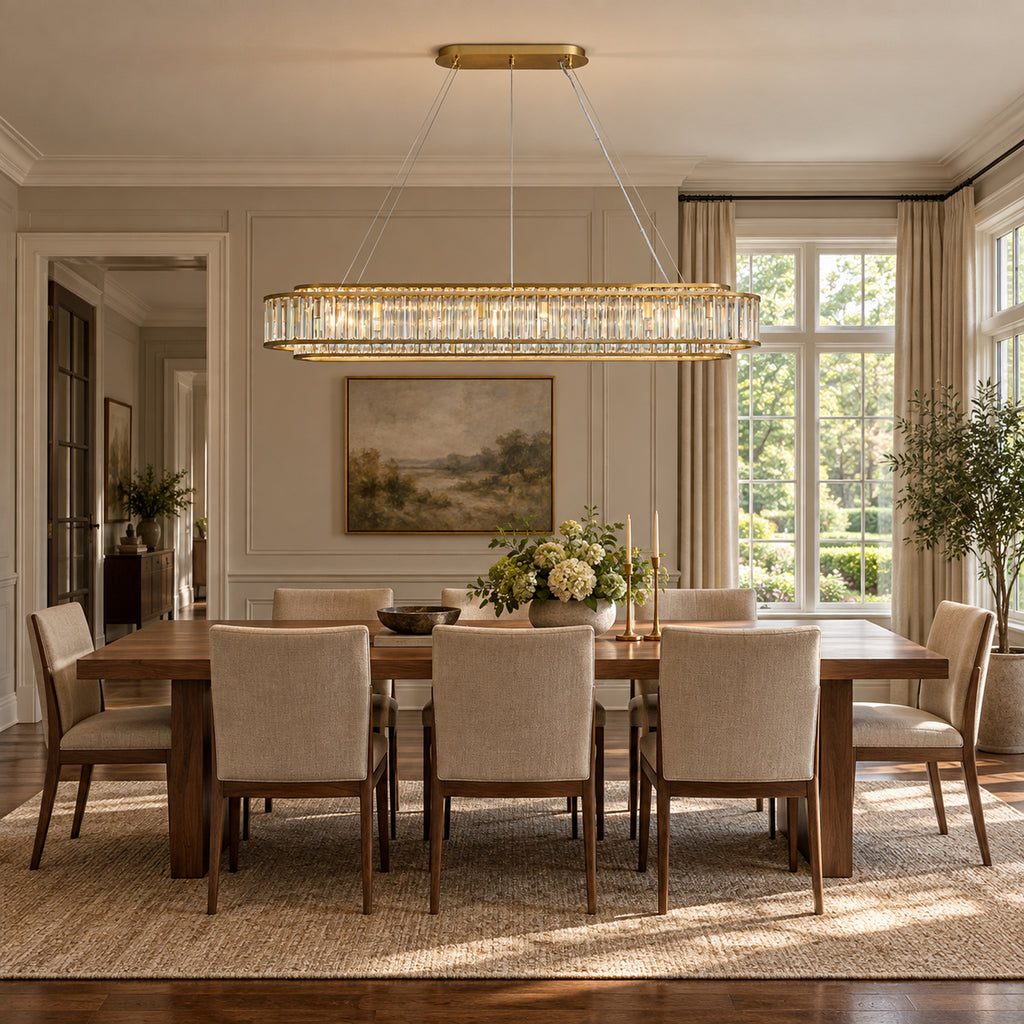 Colonna Oval Chandelier, 18-Light Brass K9 Crystal, 55" Long