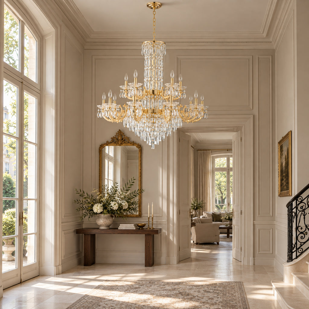 Fontana Chandelier, 2-Tier 15-Light Gold K9 Crystal, 40" Dia