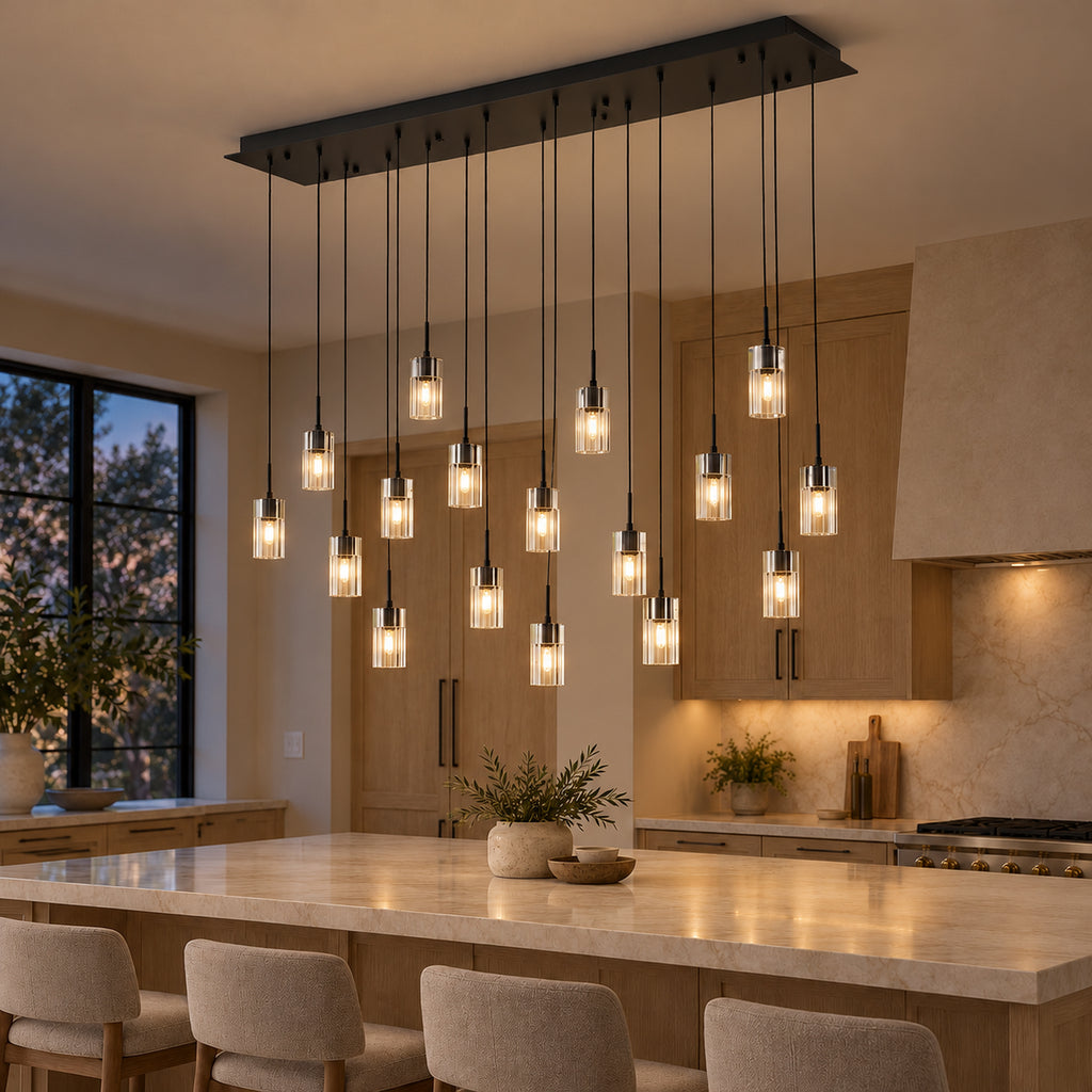 Pioggia Linear Cascade Chandelier, 17-Light Black K9 Crystal, 55" Long