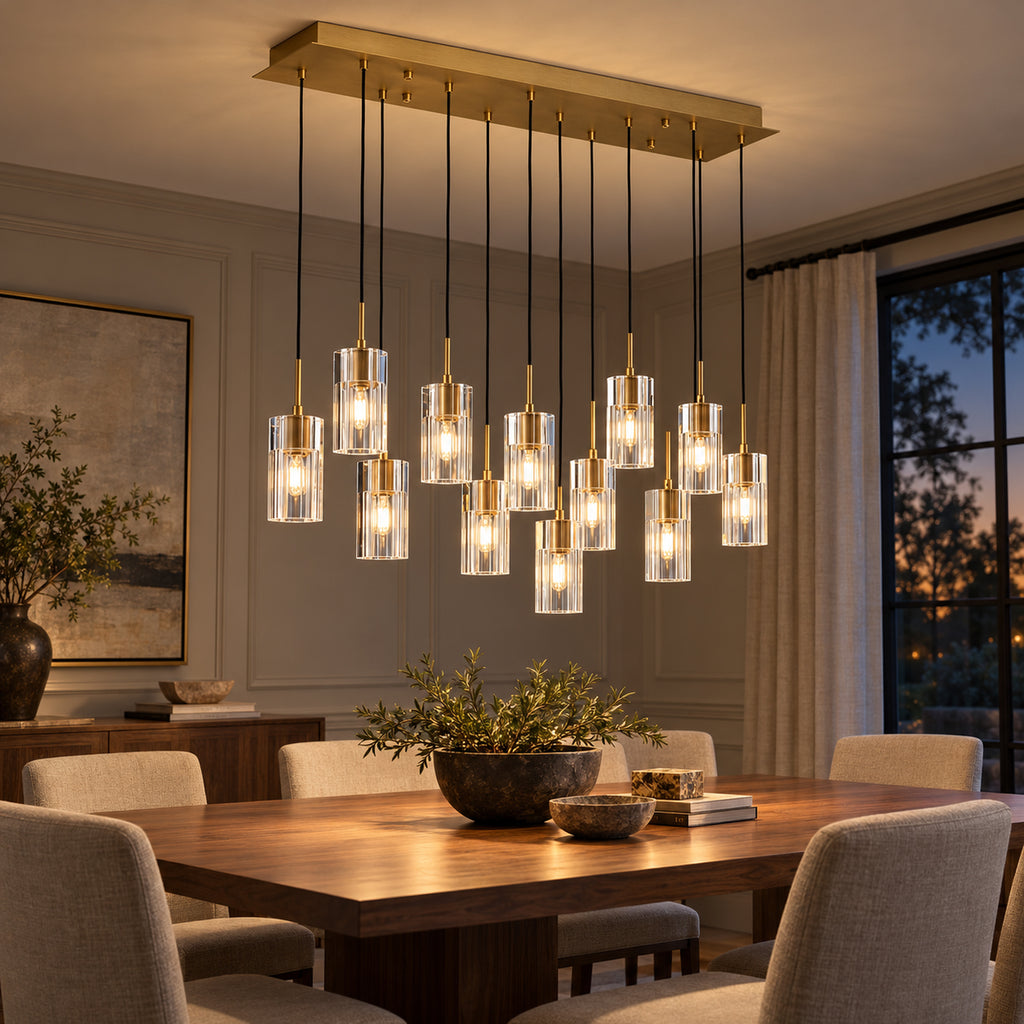 Pioggia Linear Cascade Chandelier, 12-Light Brass K9 Crystal, 39" Long