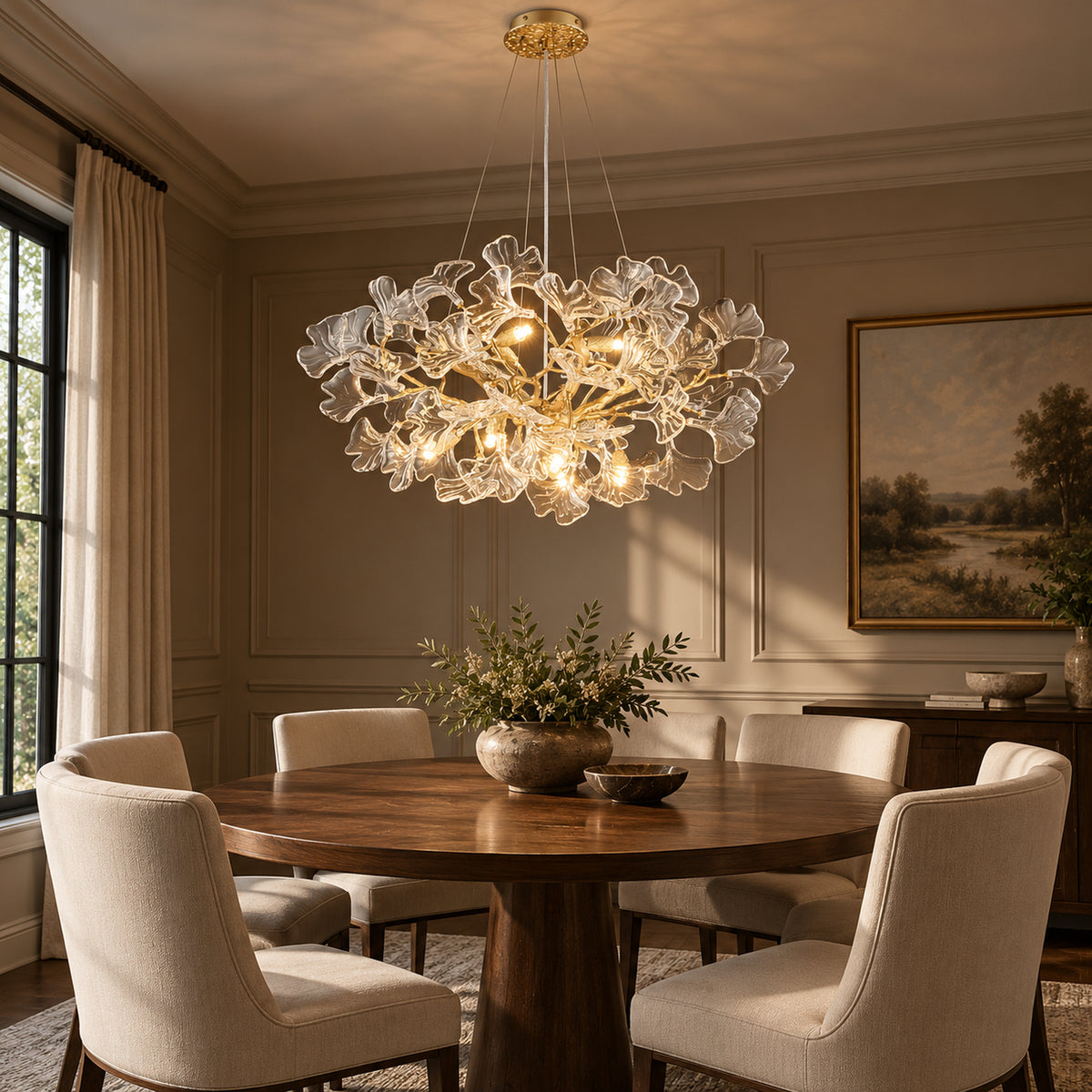 Foglia Ginkgo Leaf Chandelier, 10-Light Gold Branch, 32" Dia
