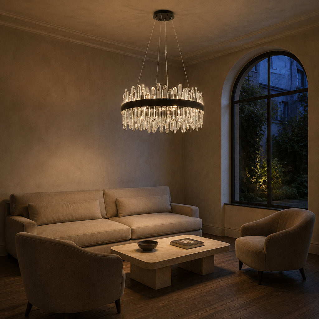 Round 2-Tier K9 Crystal Chandelier 23" — 16-Light Black Modern Chandelier