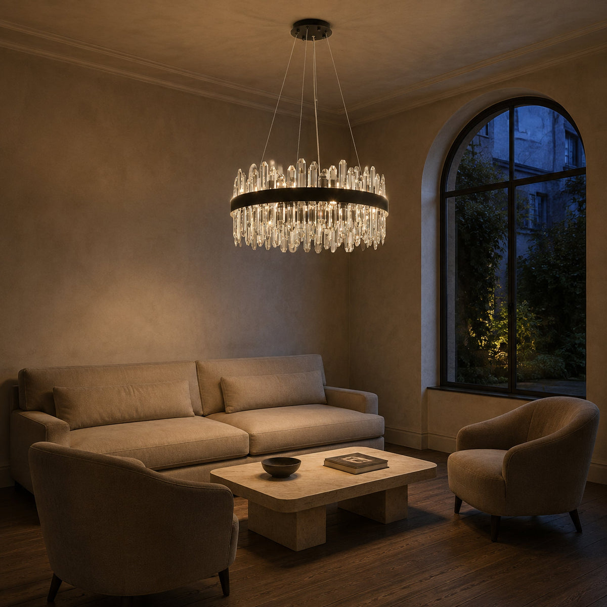 Round 2-Tier K9 Crystal Chandelier 23" — 16-Light Black Modern Chandelier