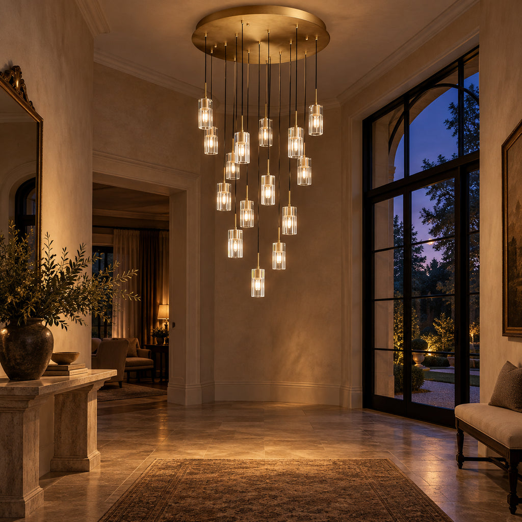 Pioggia Cascade Chandelier, 15-Light Brass K9 Crystal, 32" Dia