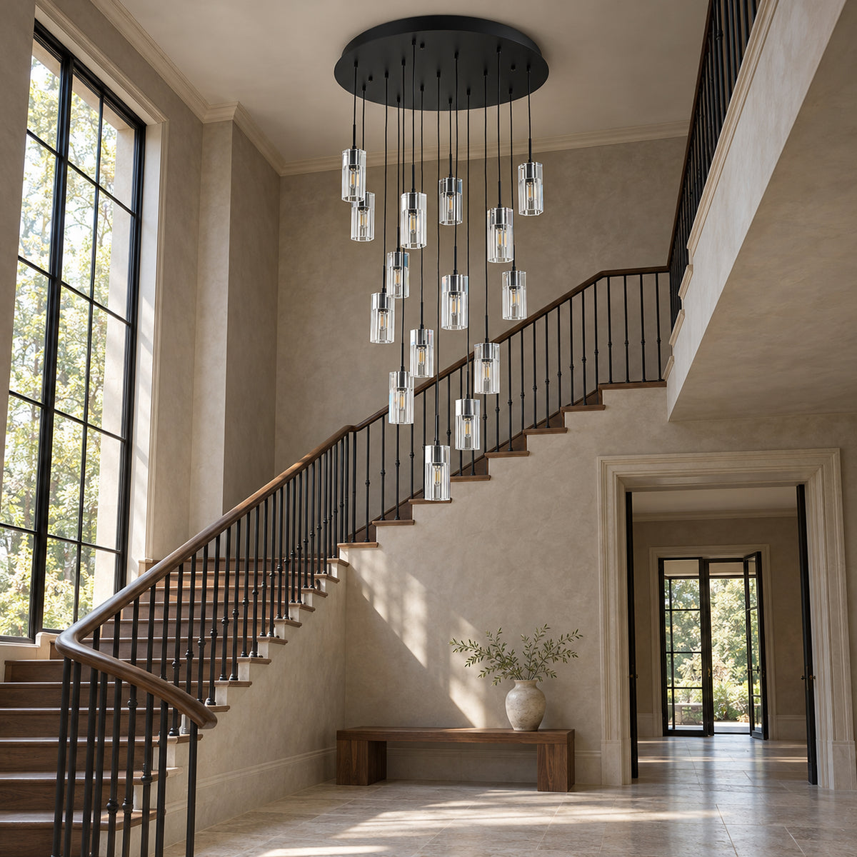 Pioggia Cascade Chandelier, 15-Light Black K9 Crystal, 32" Dia