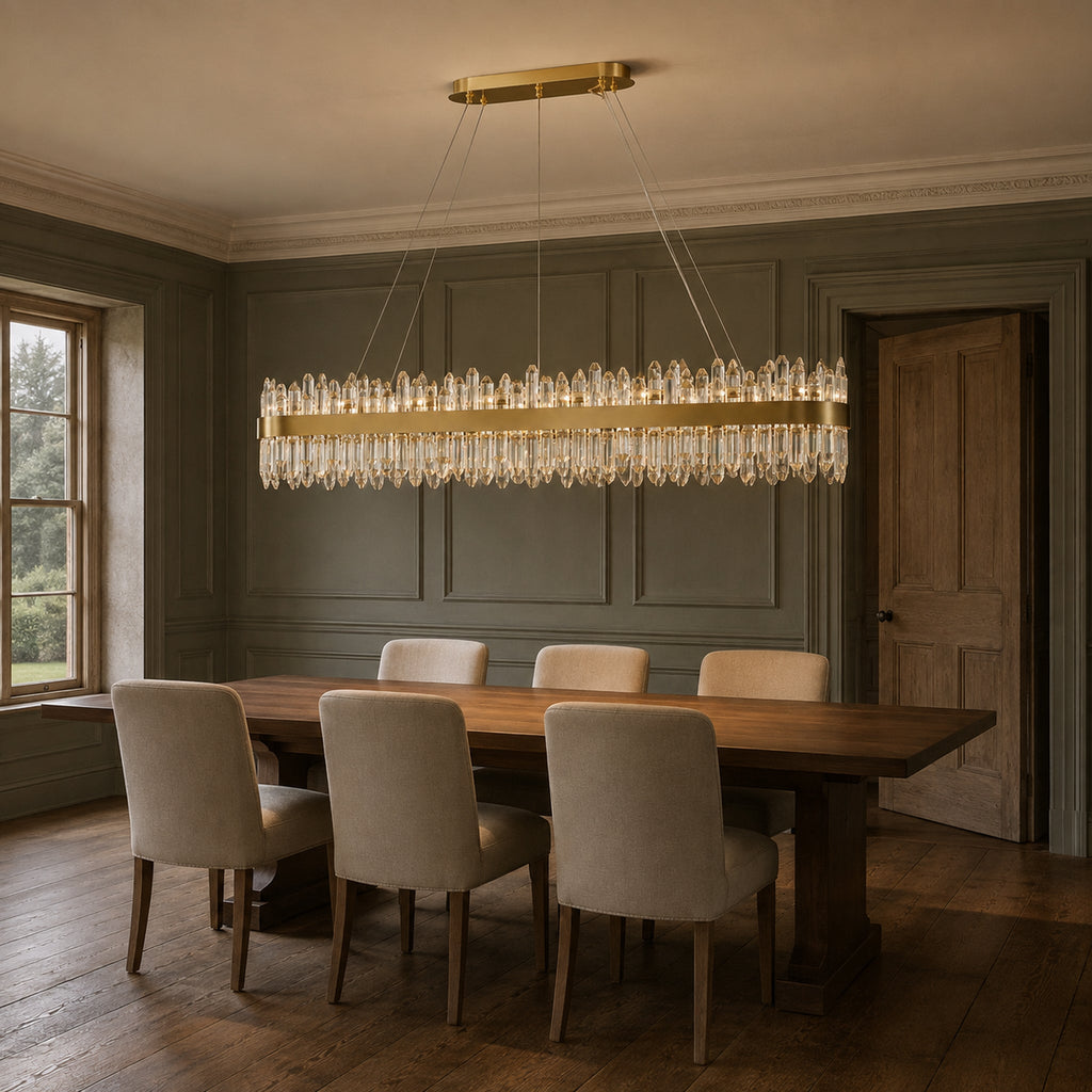 Modern Rectangular K9 Crystal Chandelier 57" — 32-Light, Gold
