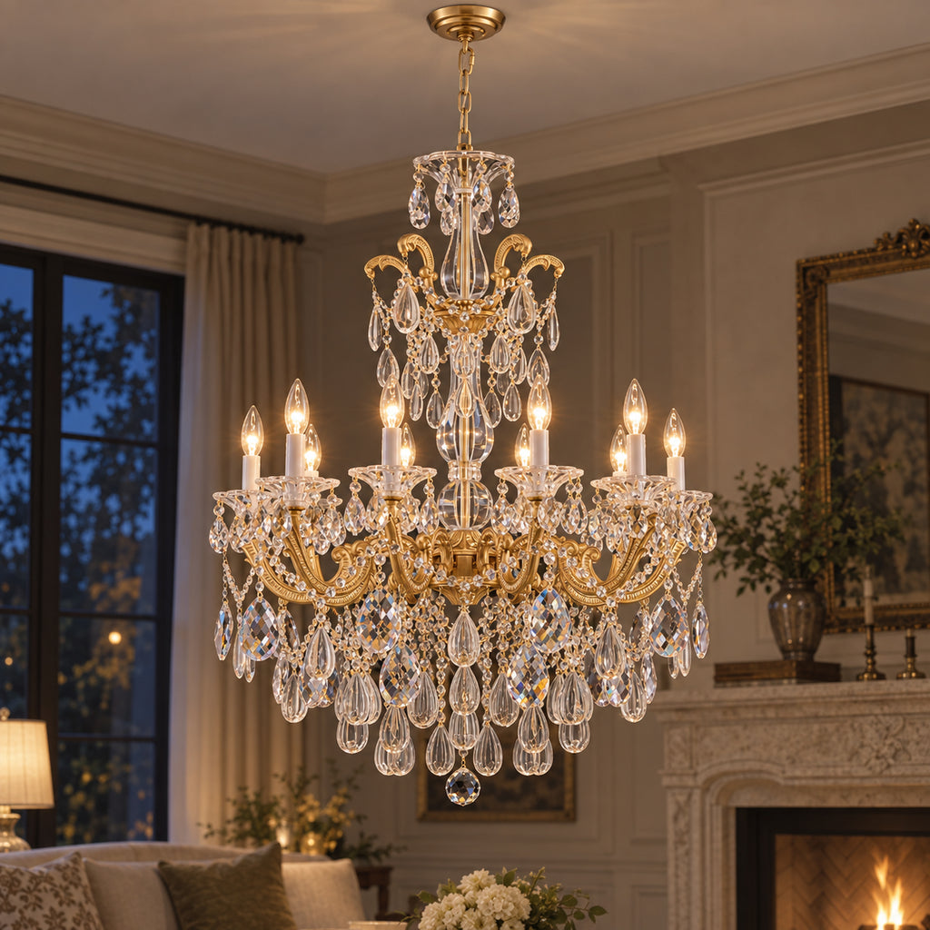 Aurelia Chandelier, 10-Light Brass K9 Crystal, 30" Dia