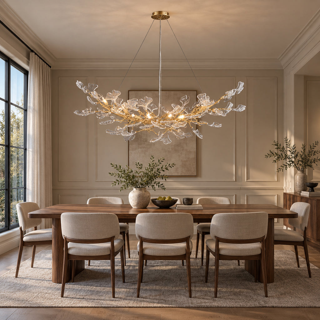 Foglia Linear Ginkgo Leaf Chandelier, 14-Light Gold Branch, 55" Long