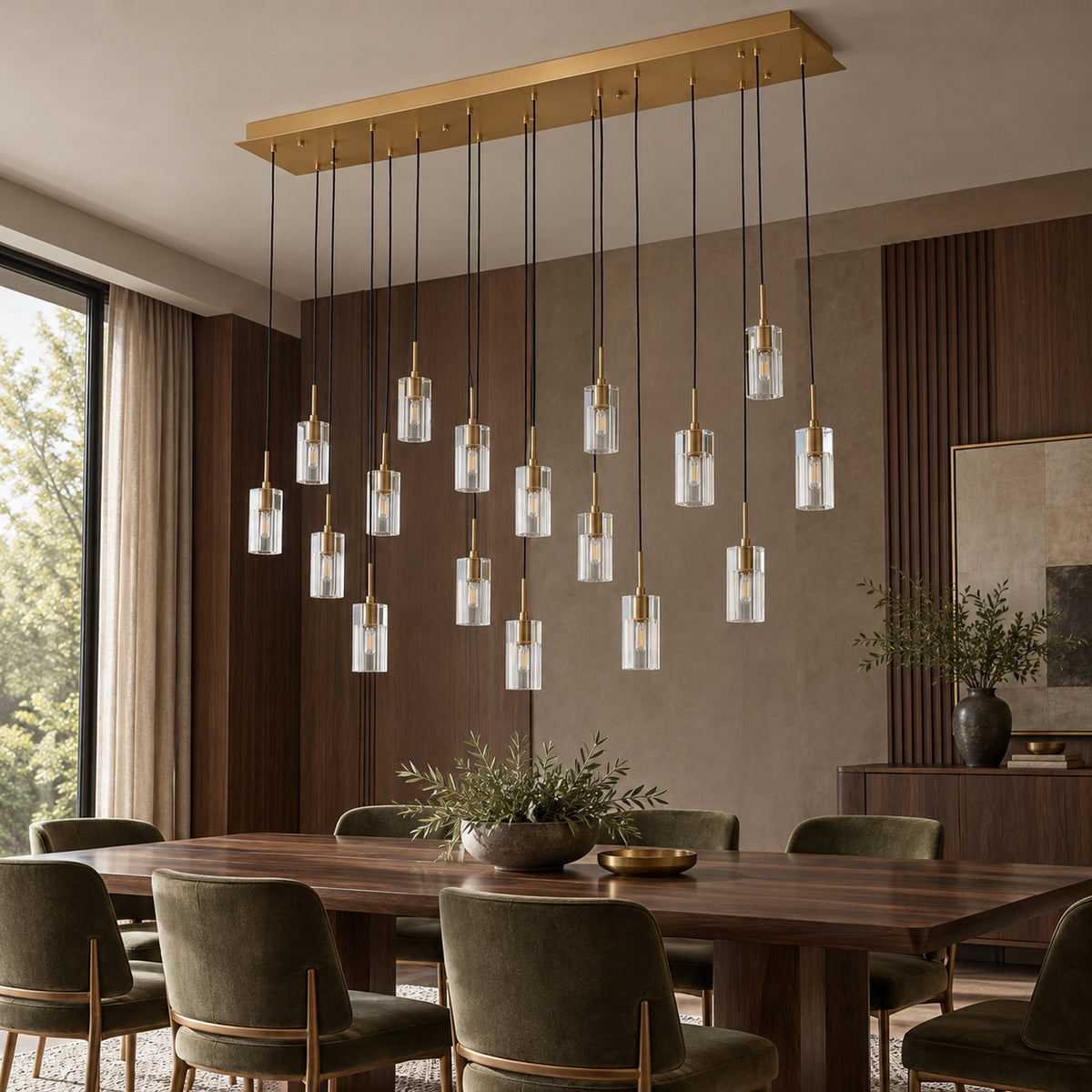 Pioggia Linear Cascade Chandelier, 17-Light Brass K9 Crystal, 55" Long