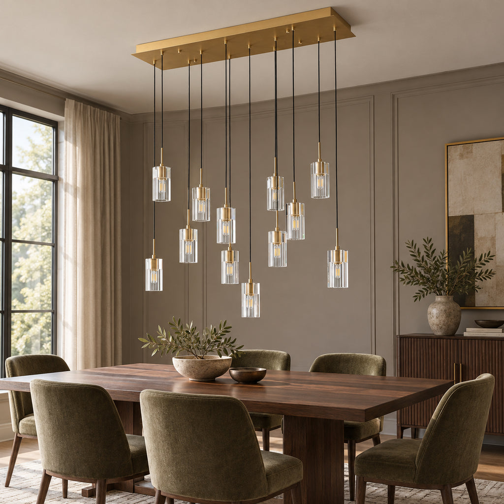 Pioggia Linear Cascade Chandelier, 12-Light Brass K9 Crystal, 39" Long