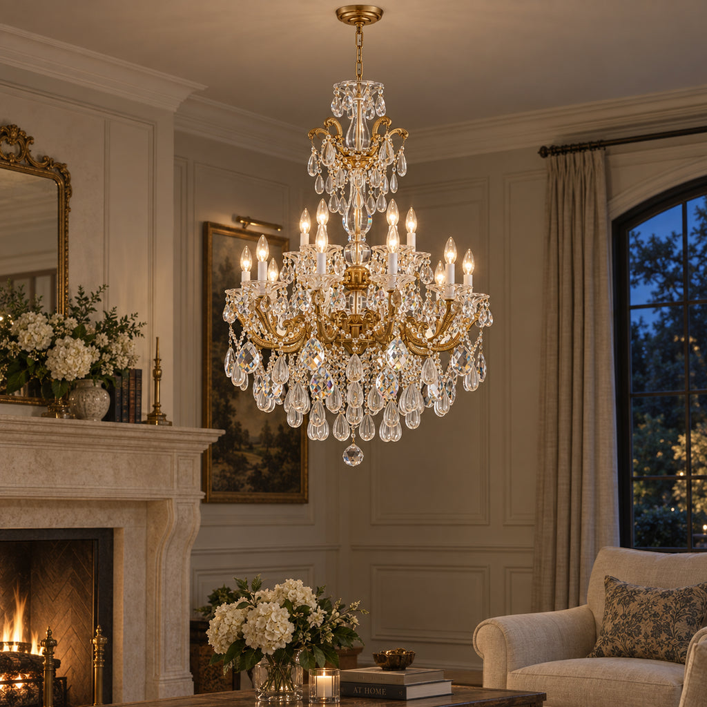 Aurelia Chandelier, 2-Tier 15-Light Brass K9 Crystal, 30" Dia