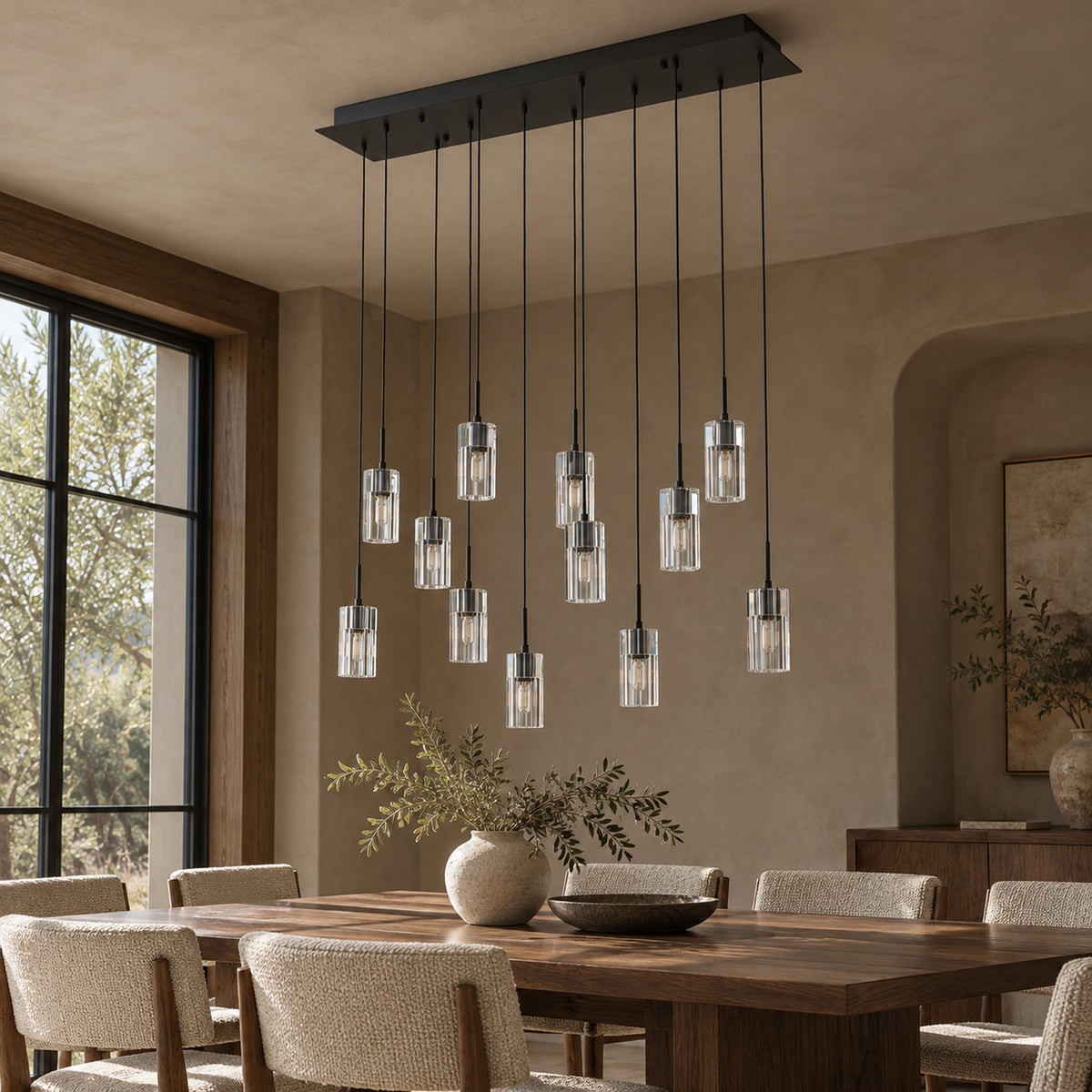 Pioggia Linear Cascade Chandelier, 12-Light Black K9 Crystal, 39" Long
