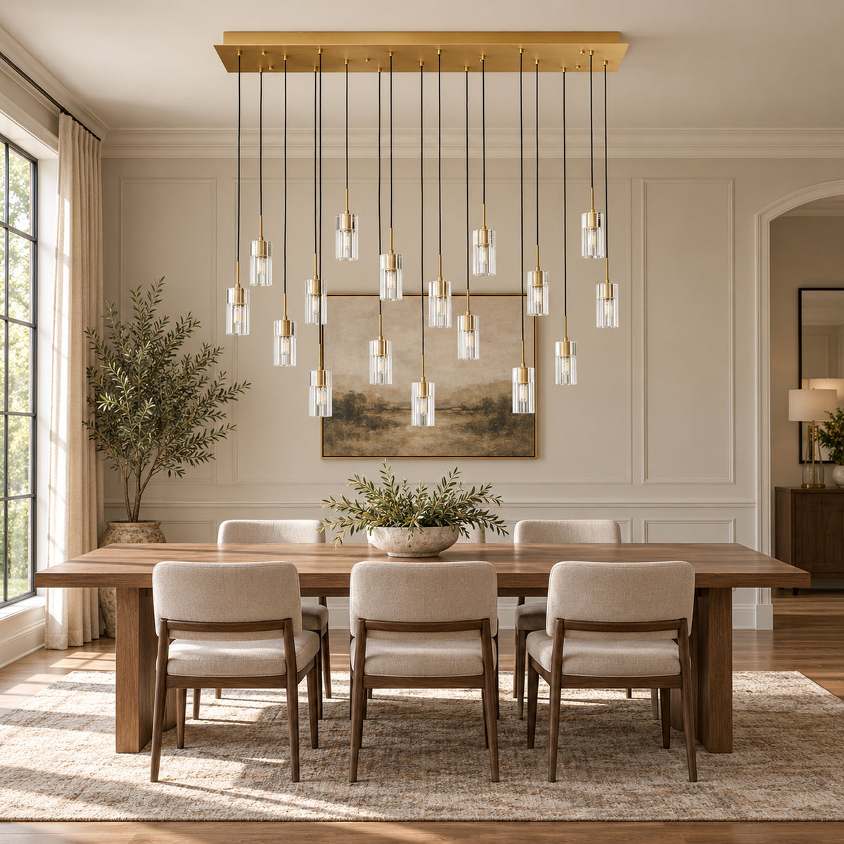 Pioggia Linear Cascade Chandelier, 17-Light Brass K9 Crystal, 55" Long