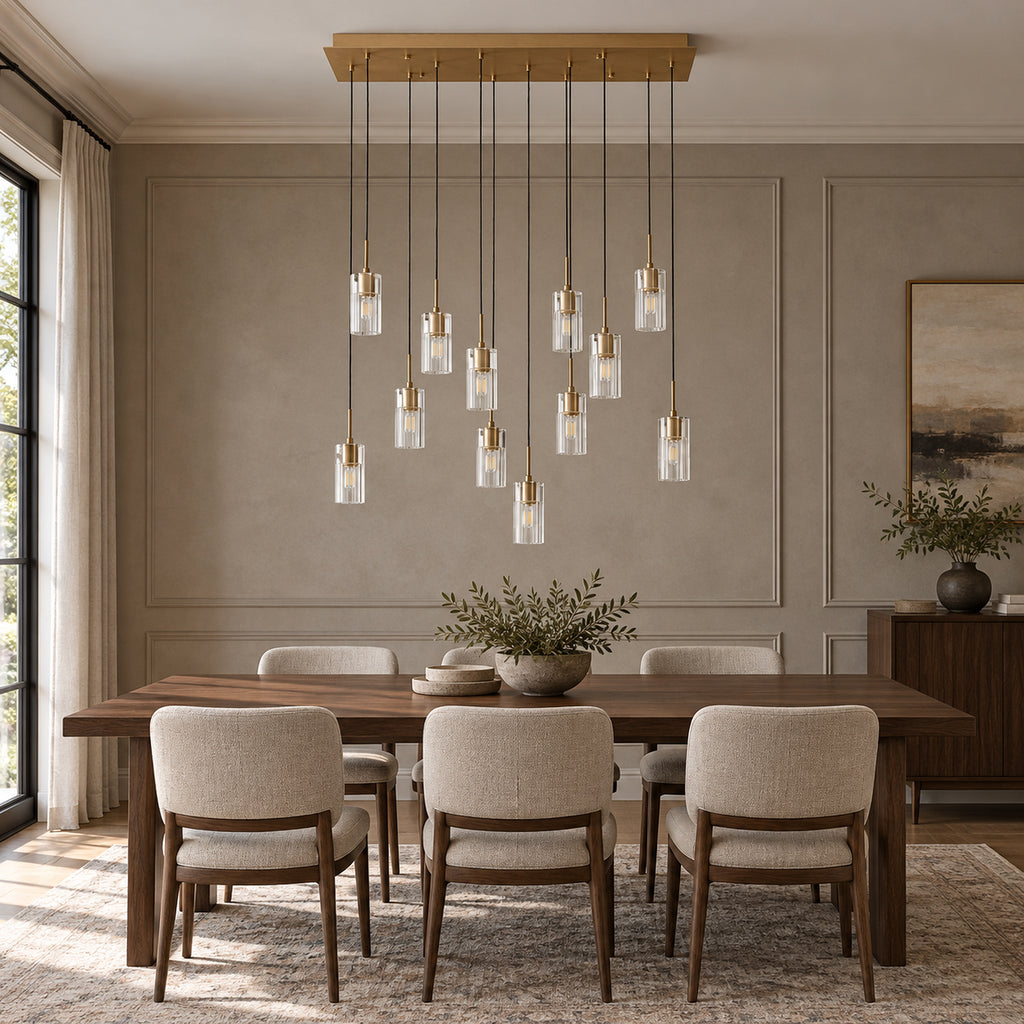Pioggia Linear Cascade Chandelier, 12-Light Brass K9 Crystal, 39" Long