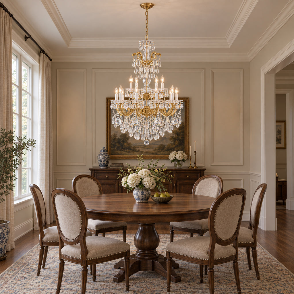 Aurelia Chandelier, 2-Tier 15-Light Brass K9 Crystal, 30" Dia