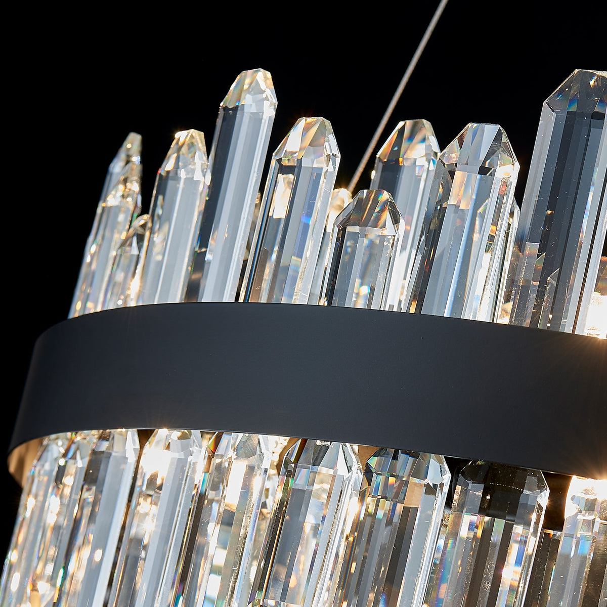 Close-up of the black frame and faceted K9 crystal prisms