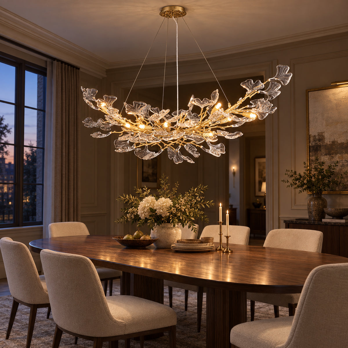 Foglia Linear Ginkgo Leaf Chandelier, 14-Light Gold Branch, 55" Long
