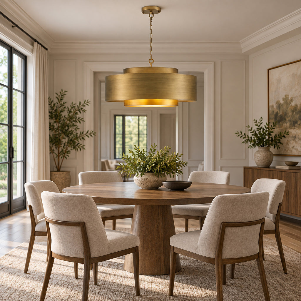 Lamina Round Drum Chandelier, 12-Light Brushed Brass, 30" Dia