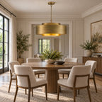 Lamina Round Drum Chandelier, 12-Light Brushed Brass, 30" Dia