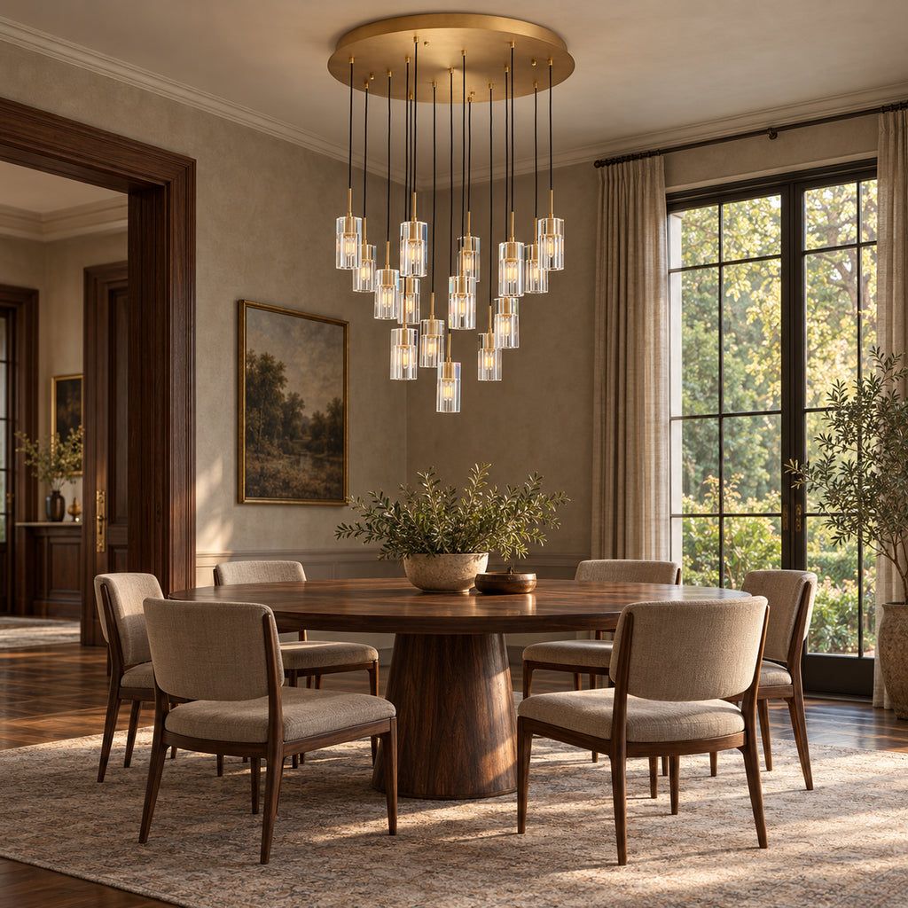 Pioggia Cascade Chandelier, 15-Light Brass K9 Crystal, 32" Dia