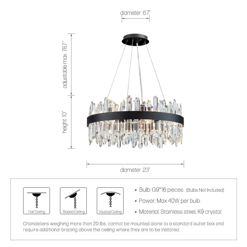 Black round 22.8 inch crystal chandelier dimensions and bulb guide