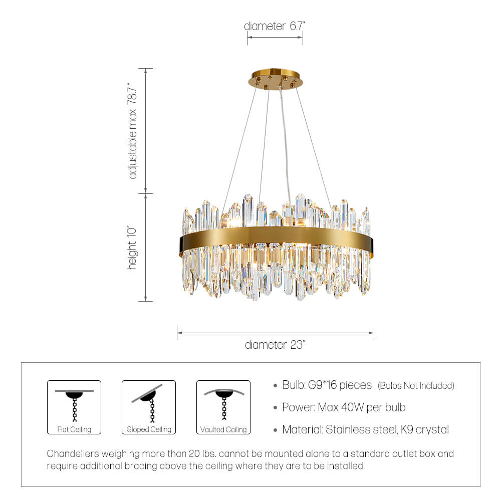 Gold round 22.8 inch crystal chandelier dimensions and bulb guide