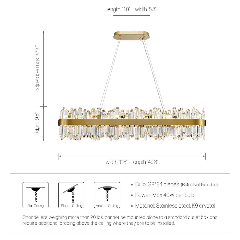 Gold oval 45.3 inch crystal chandelier dimensions and bulb guide