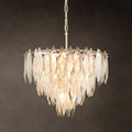 Medium gold K9 crystal chandelier hanging on dark background